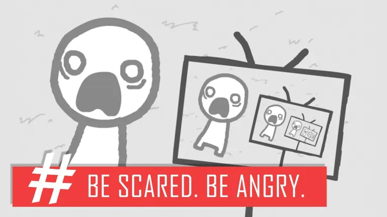 Say Cheese screenshot: a scared circle person next to the TV, ticker reads BE SCARED. BE ANGRY.