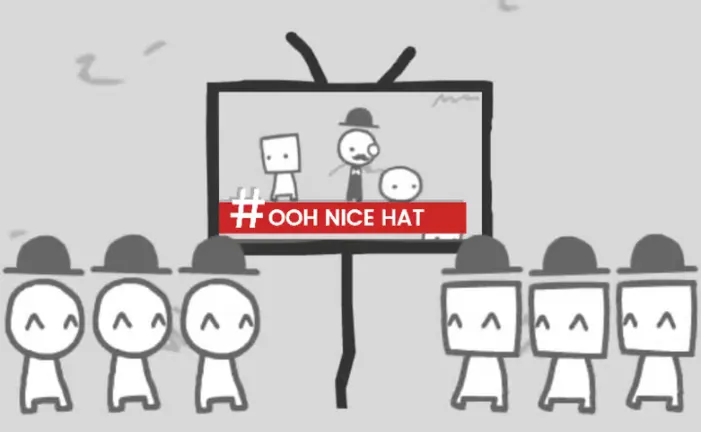 Say Cheese screenshot: a crowd in bowler hats watching the TV, ticker reads OOH NICE HAT